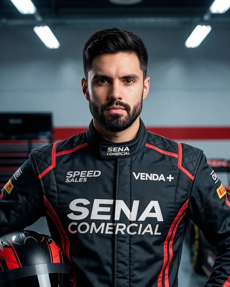 Airton Carneiro, o Sena, de macacão de piloto da Sena Comercial segurando o capacete